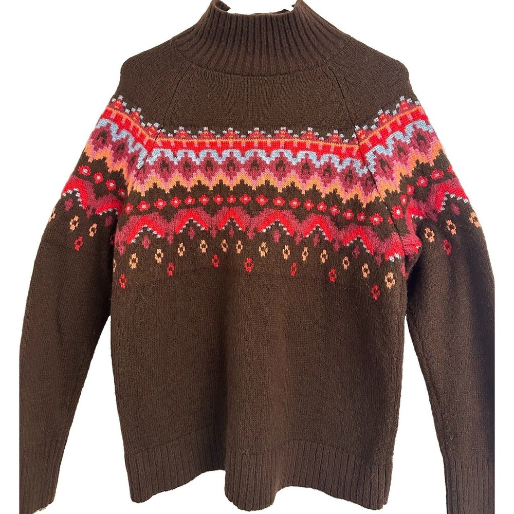 Lou and Grey Fair Isle Sweater M Mock Neck Soft Colorful Preppy Fall Brown